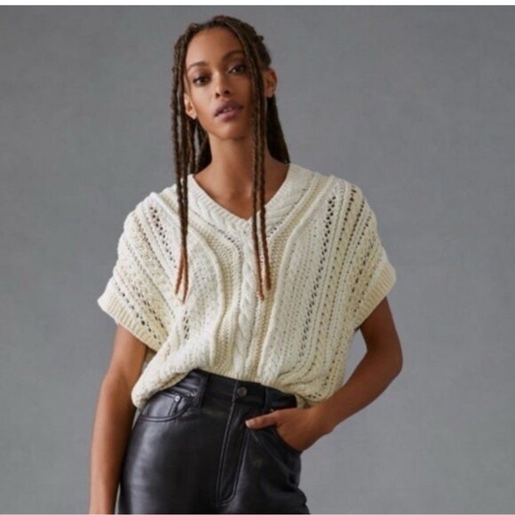 RAG & BONE Jolie Sleeveless Vee Cable Sweater Large Ivory NEW Chunky Knit Fall - Picture 1 of 10